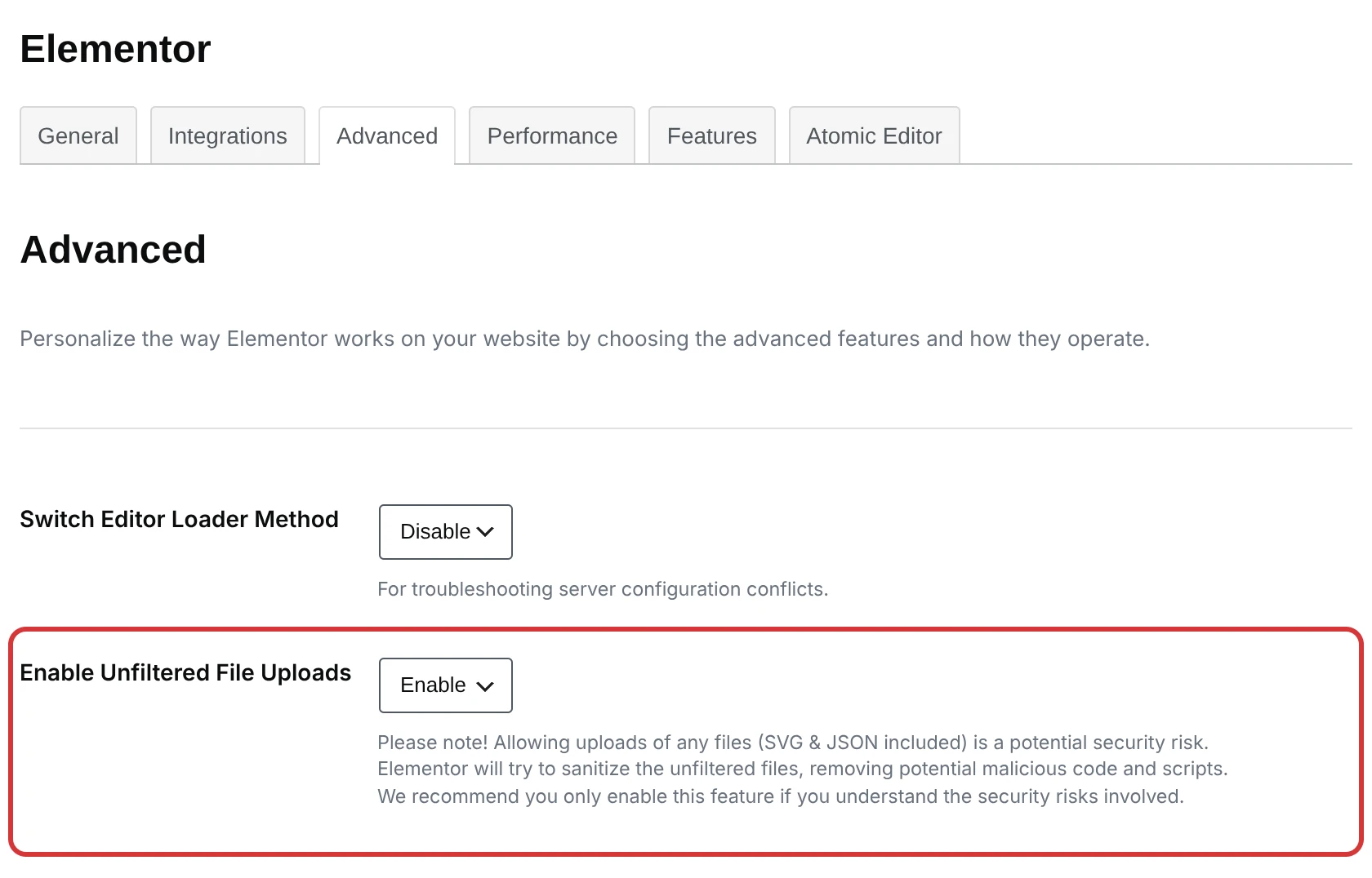 Elementor settings, Advanced tab, with Enable Unfiltered File Uploads set to Enable